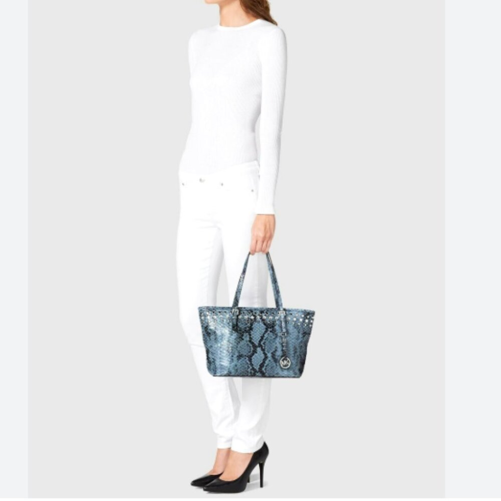Michael Kors Jet Set Snakeskin Embossed Jewel Zip Tote Bag Blue Gray w/ Wallet